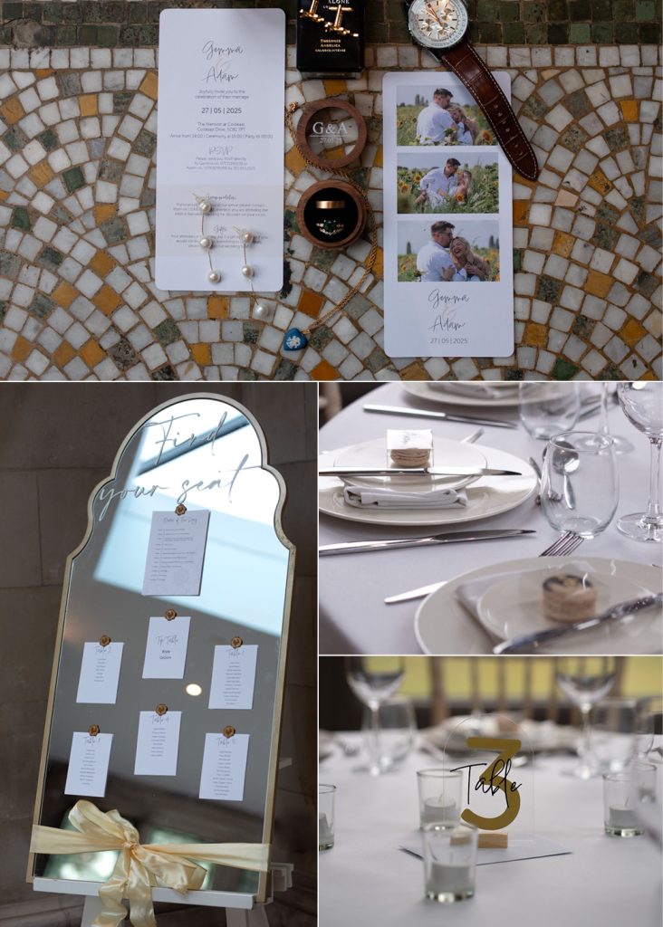 Wedding stationary from professional photographer. Invitaitons, table plan, table number.
